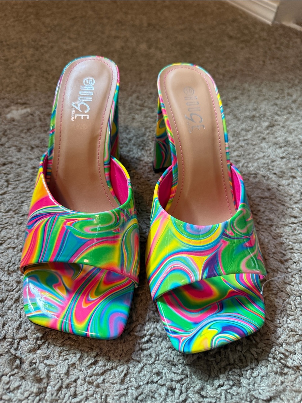 Rouge Helium Neon Swirl Open-Toe Block Heel Mules